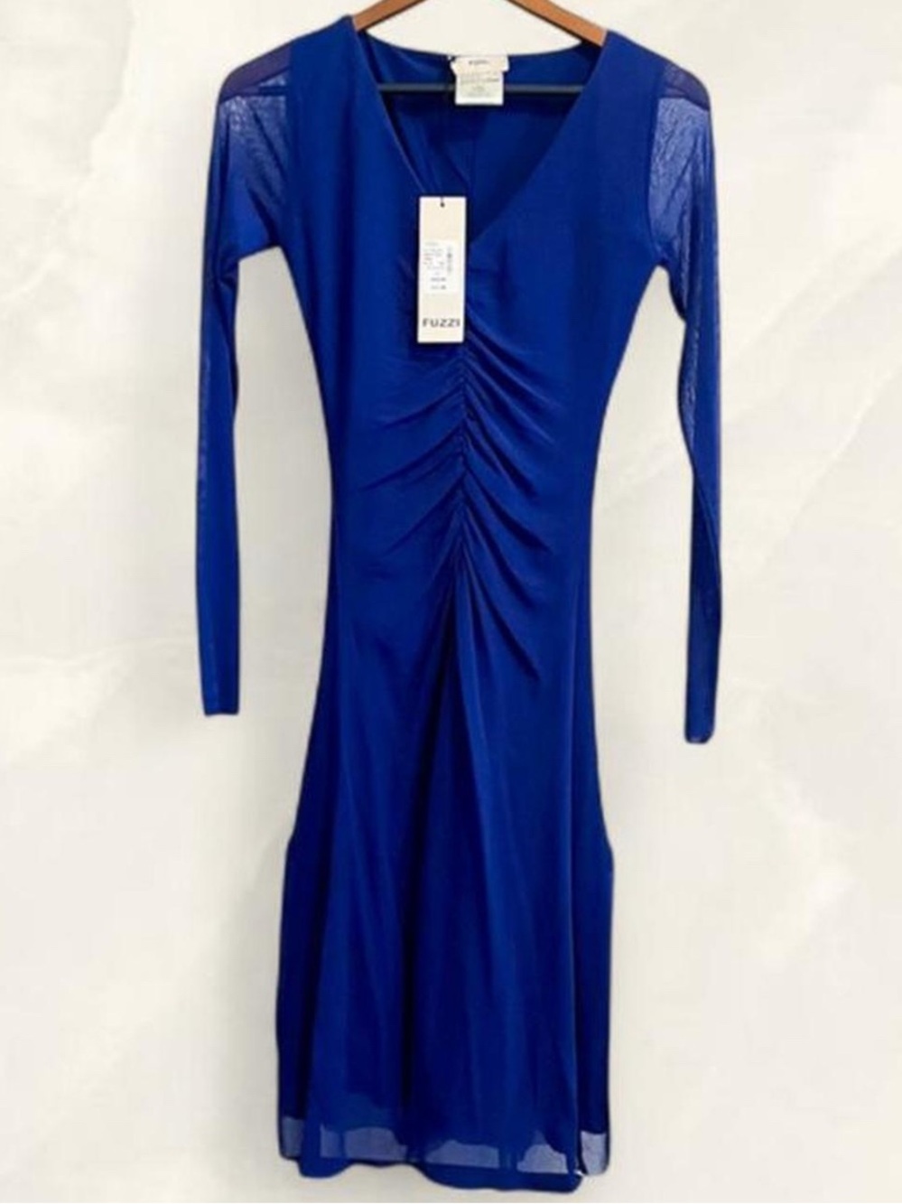NWT Fuzzi Blue Sheer Sleeve Ruched V-Neck Valley Dress